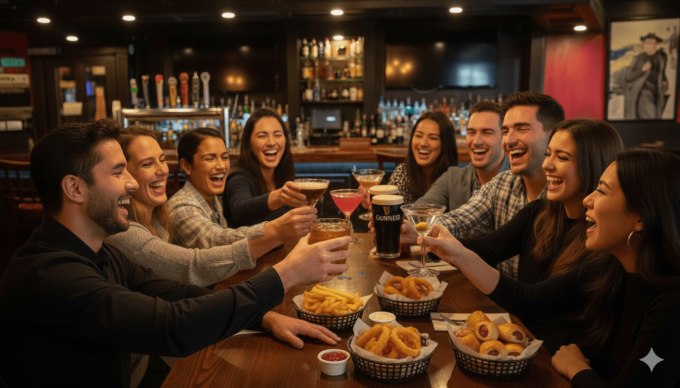 Group celebration at an Irish pub with warm lighting and traditional atmosphere